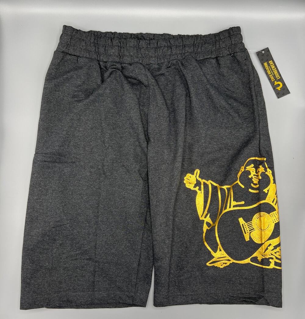 MENS SIZE LARGE TRUE RELIGION CHARCOAL GRAY/GOLD LOUNGE SHORTS W/POCKETS - NWT